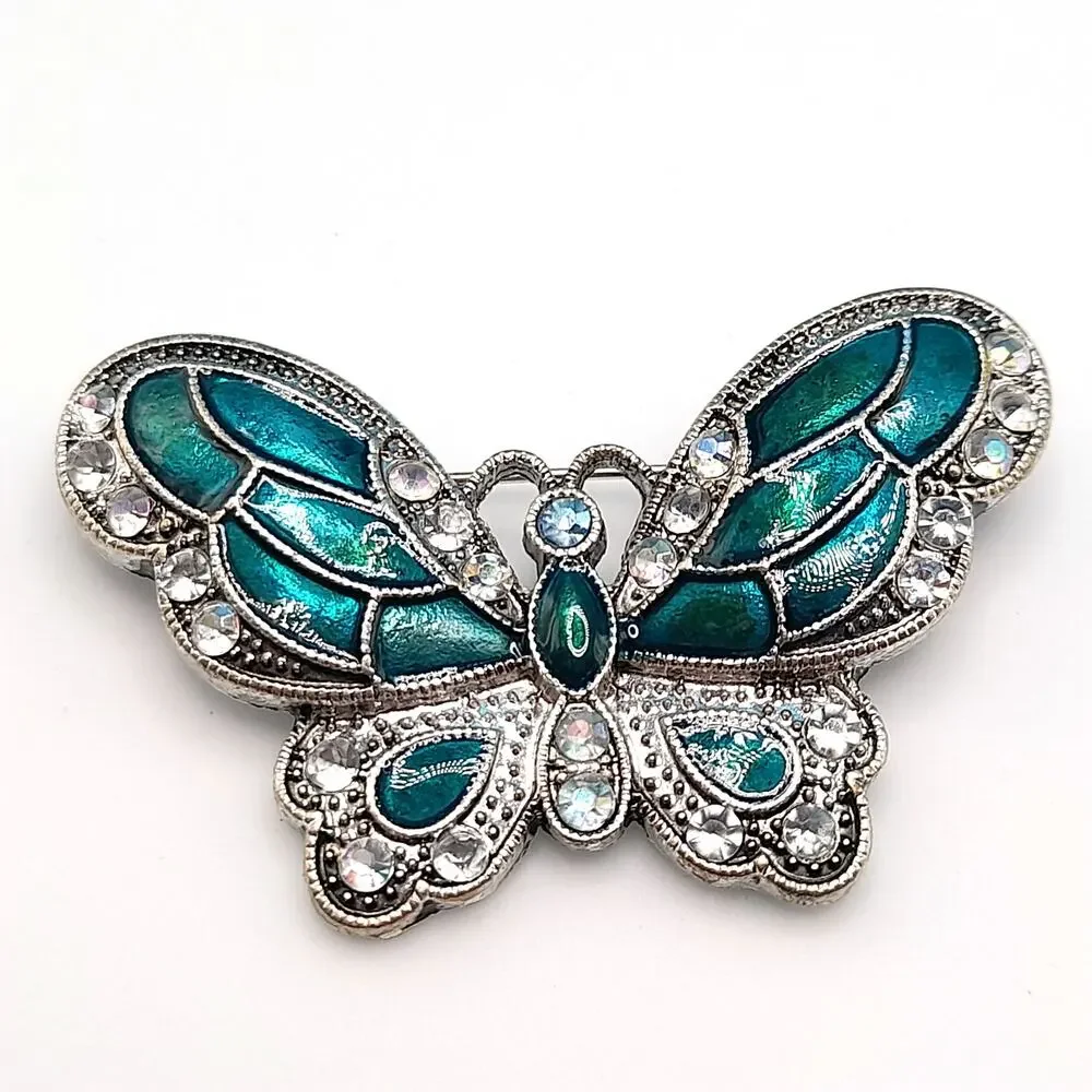 Vintage Enamel Butterfly Brooch, Metallic Teal, Aurora Borealis Rhinestones